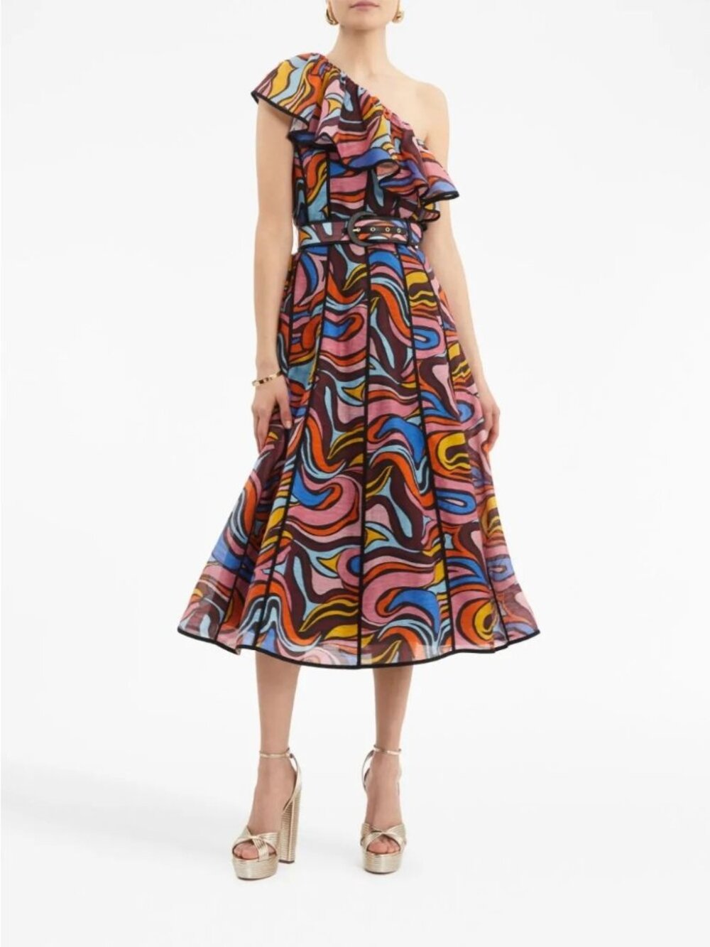 Rebecca Vallance Chiquita Swirl Linen Blend One Shoulder Ruffle Midi Dress 6